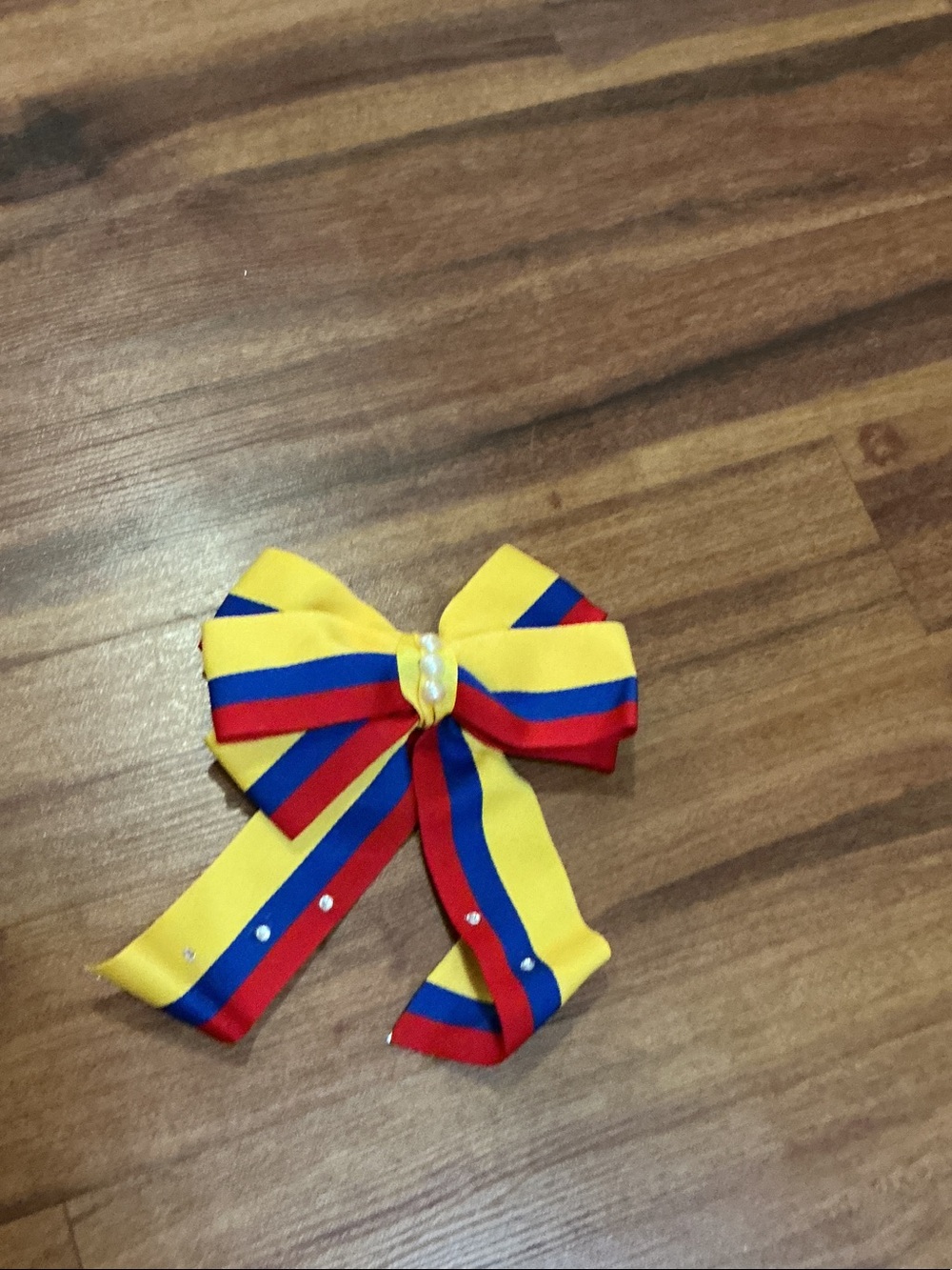 Ecuador Colombia Yellow, Red & Blue Striped Kids Hair Bow with Rhinestone Accent